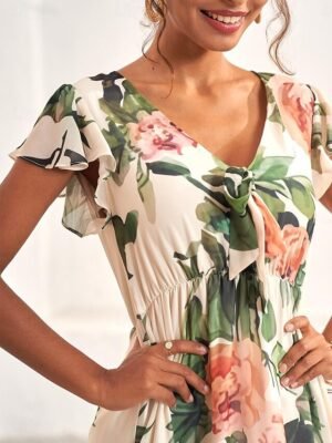 Feminine A-Line Rose Pattern V-Neck Flutter Sleeve Midi Dress - Image 8