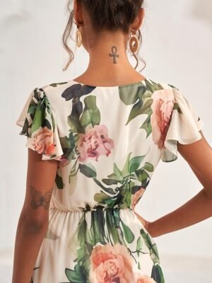 Feminine A-Line Rose Pattern V-Neck Flutter Sleeve Midi Dress - Image 9