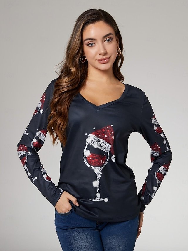 Festive Casual Print V Neck Long Sleeve Holiday Top - Image 2