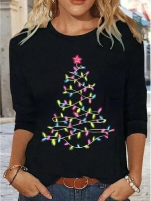 Festive Casual Stretchy Christmas Tree Print Crew Neck 3/4 Sleeve Tunic - Image 10