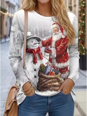 Festive Casual Stretchy Christmas Tree Print Crew Neck 3/4 Sleeve Tunic - Image 11