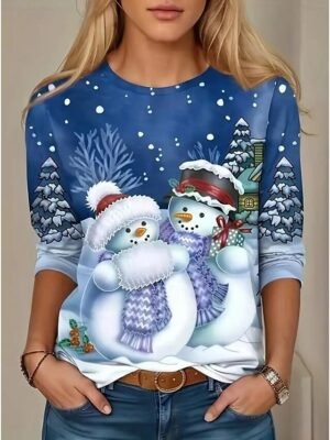 Festive Casual Stretchy Christmas Tree Print Crew Neck 3/4 Sleeve Tunic - Image 12