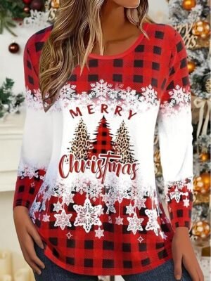 Festive Casual Stretchy Christmas Tree Print Crew Neck 3/4 Sleeve Tunic - Image 4