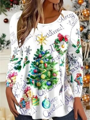 Festive Casual Stretchy Christmas Tree Print Crew Neck 3/4 Sleeve Tunic - Image 7
