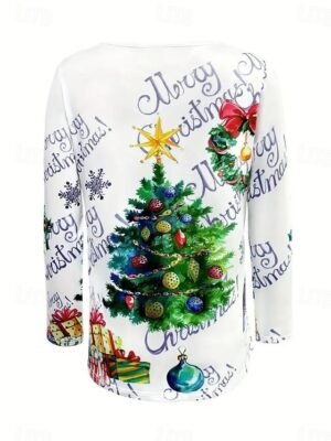 Festive Casual Stretchy Christmas Tree Print Crew Neck 3/4 Sleeve Tunic - Image 8
