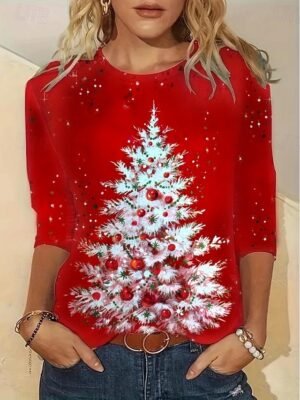Festive Comfort Fit Christmas Tree Round Neck Long Sleeve Top - Image 1