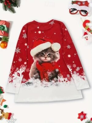 Festive Loose Kitten Graphic Crew Neck Long Sleeve Winter Top - Image 3