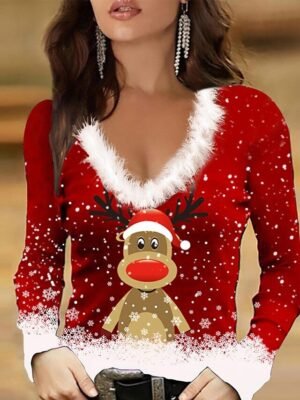 Festive Plush Collar Long Sleeve V Neck Snowflake Print Winter Top - Image 2