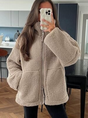 Fleece Regular Fit Plain Turndown Long Sleeve Jacket - Image 6