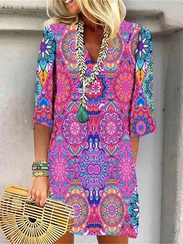 Floral Paisley Shift V Neck 3/4 Sleeve Mini Dress - Image 1