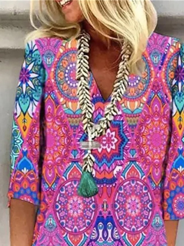 Floral Paisley Shift V Neck 3/4 Sleeve Mini Dress - Image 2
