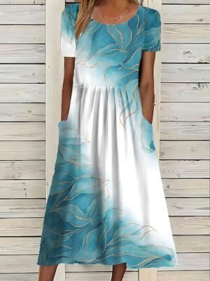 Floral Print Crew Neck Short Sleeve Midi Dress - Image 2