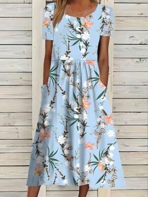 Floral Print Crew Neck Short Sleeve Midi Dress - Image 3
