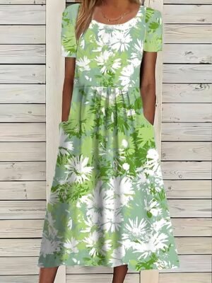 Floral Print Crew Neck Short Sleeve Midi Dress - Image 4