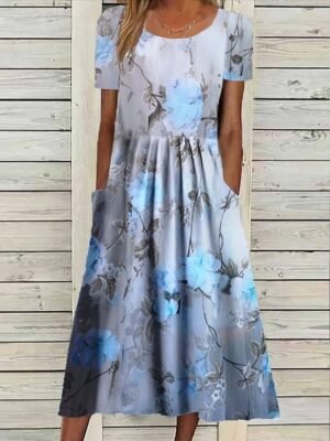 Floral Print Crew Neck Short Sleeve Midi Dress - Image 5