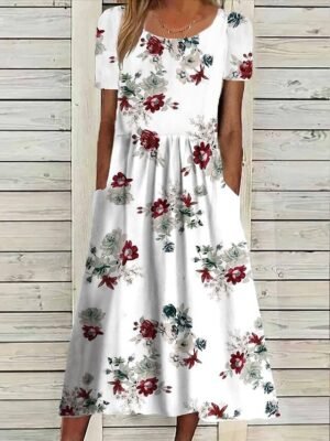 Floral Print Crew Neck Short Sleeve Midi Dress - Image 6