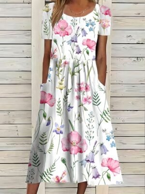 Floral Print Crew Neck Short Sleeve Midi Dress - Image 7