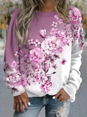 Floral Street Casual Basic Round Neck Long Sleeve Top - Image 5