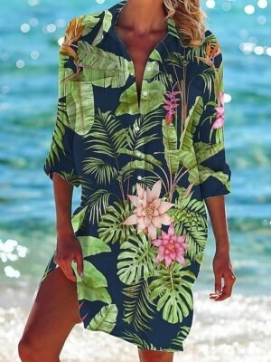 Flowy Casual Animal Floral V Neck Long Sleeve Mini Dress - Image 1