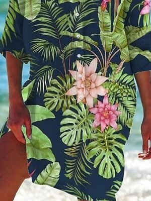 Flowy Casual Animal Floral V Neck Long Sleeve Mini Dress - Image 2