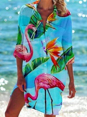 Flowy Casual Animal Floral V Neck Long Sleeve Mini Dress - Image 4