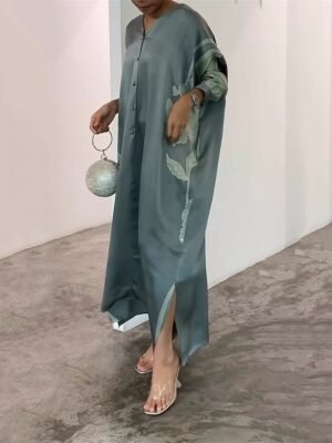Formal Fitted Floral V Neck Long Sleeve Midi Dress - Image 1