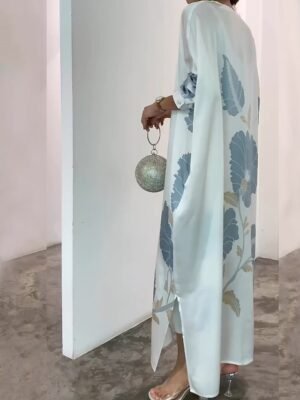 Formal Fitted Floral V Neck Long Sleeve Midi Dress - Image 4
