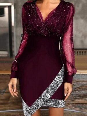 Formal Fitted Sequin V Neck Long Sleeve Mini Dress - Image 3