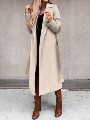 Formal Long Belted Lapel Long Sleeve Trench Coat - Image 1
