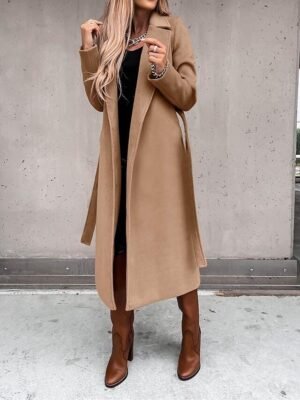 Formal Long Belted Lapel Long Sleeve Trench Coat - Image 2
