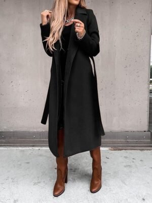 Formal Long Belted Lapel Long Sleeve Trench Coat - Image 3