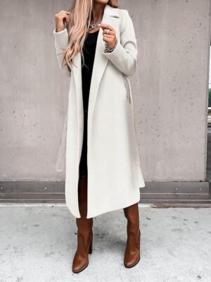 Formal Long Belted Lapel Long Sleeve Trench Coat - Image 4