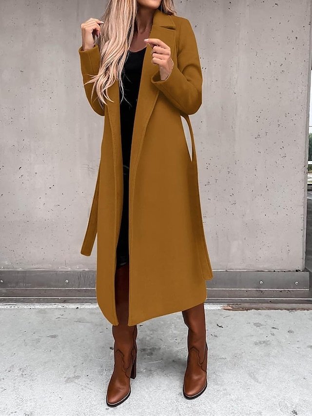Formal Long Belted Lapel Long Sleeve Trench Coat - Image 5