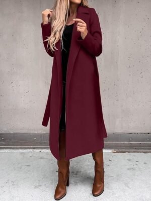 Formal Long Belted Lapel Long Sleeve Trench Coat - Image 6