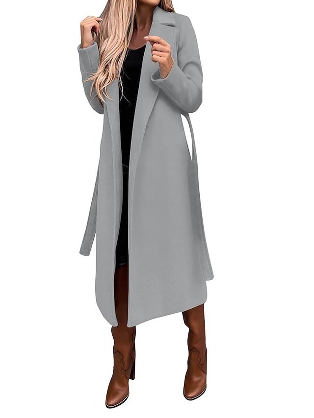 Formal Long Belted Lapel Long Sleeve Trench Coat - Image 8