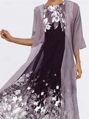 Formal Loose Floral Crew Neck Half Sleeve Maxi Dress Set - Image 2