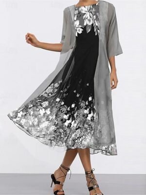 Formal Loose Floral Crew Neck Half Sleeve Maxi Dress Set - Image 3