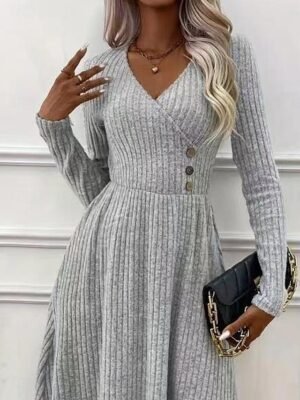 Formal Regular Fit Draped V Neck Long Sleeve Mini Dress - Image 3