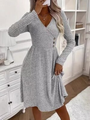 Formal Regular Fit Draped V Neck Long Sleeve Mini Dress - Image 4