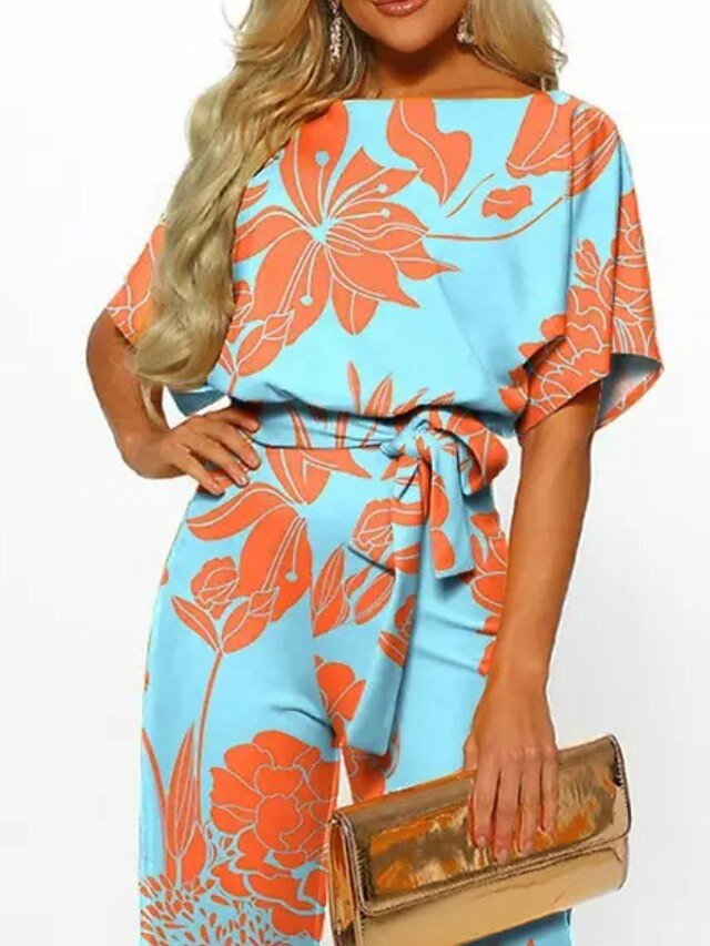 Formal Regular Fit Floral Crew Neck Half Sleeve Light Blue Jumpsuit - Image 2