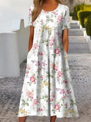 Formal Regular Fit Floral Crew Neck Short Sleeve Midi Dress - Image 1