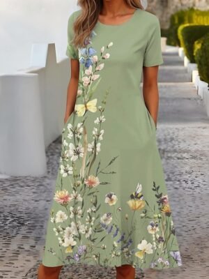 Formal Regular Fit Floral Crew Neck Short Sleeve Midi Dress - Image 3