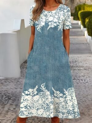 Formal Regular Fit Floral Crew Neck Short Sleeve Midi Dress - Image 4