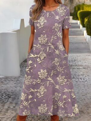 Formal Regular Fit Floral Crew Neck Short Sleeve Midi Dress - Image 5