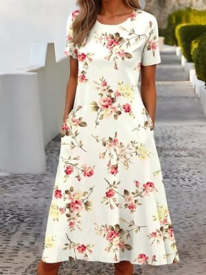 Formal Regular Fit Floral Crew Neck Short Sleeve Midi Dress - Image 6