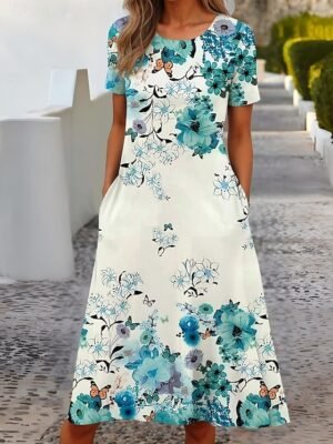 Formal Regular Fit Floral Crew Neck Short Sleeve Midi Dress - Image 7