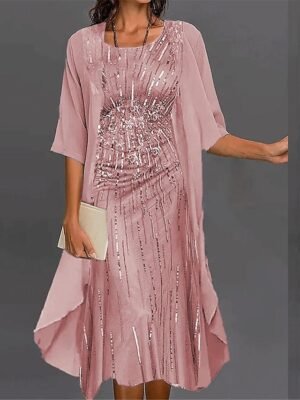 Formal Regular Fit Geometric Print Crew Neck Half Sleeve Maxi Dress Set - Image 1