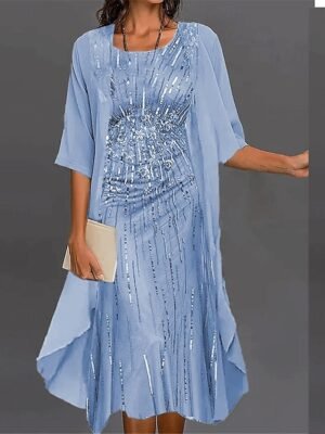 Formal Regular Fit Geometric Print Crew Neck Half Sleeve Maxi Dress Set - Image 2