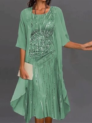 Formal Regular Fit Geometric Print Crew Neck Half Sleeve Maxi Dress Set - Image 3
