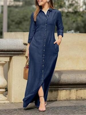Formal Regular Fit Plain Shirt Collar Long Sleeve Maxi Dress - Image 2